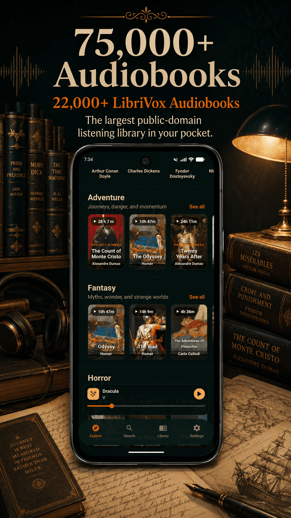 Mimesa audiobook catalog screen featuring public-domain audiobook collections.