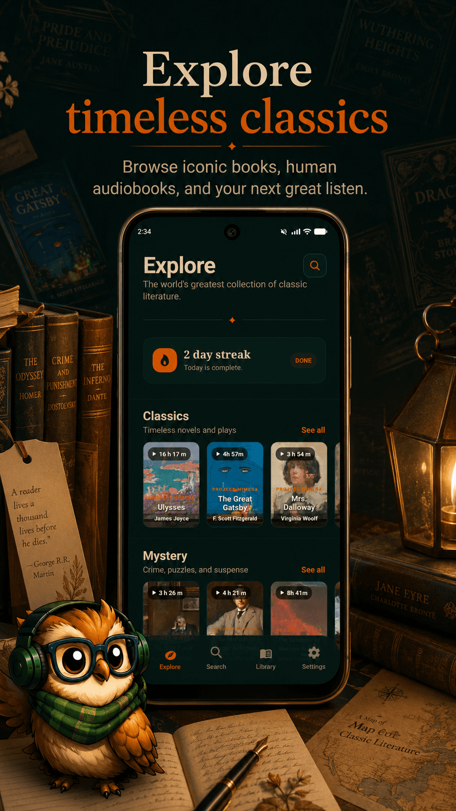 Mimesa explore screen showing classic books and audiobook discovery.