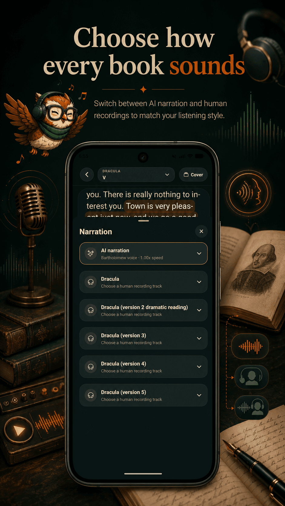 Mimesa narration picker showing AI narration and human recordings.