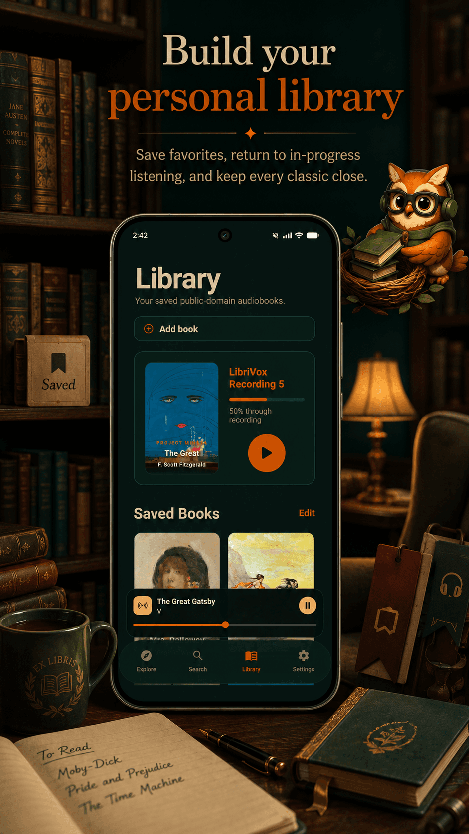 Mimesa library screen with saved books and playback progress.