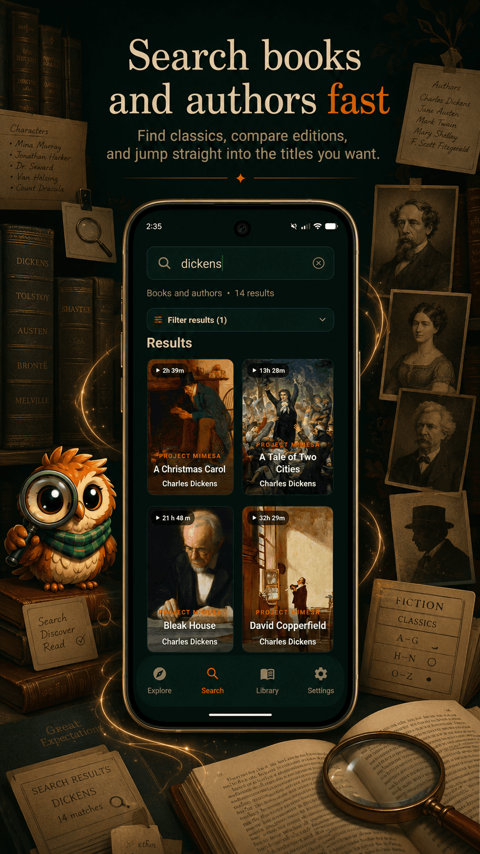 Mimesa search screen showing fast book and author results.
