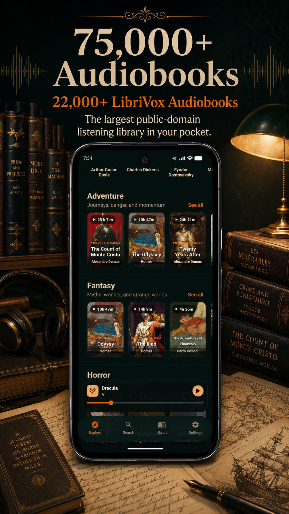 Mimesa audiobook catalog screen featuring public-domain audiobook collections.