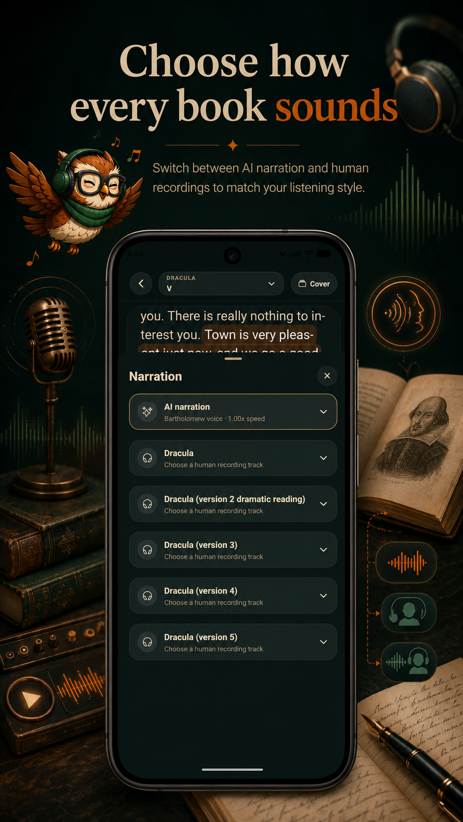 Mimesa narration picker showing AI narration and human recordings.
