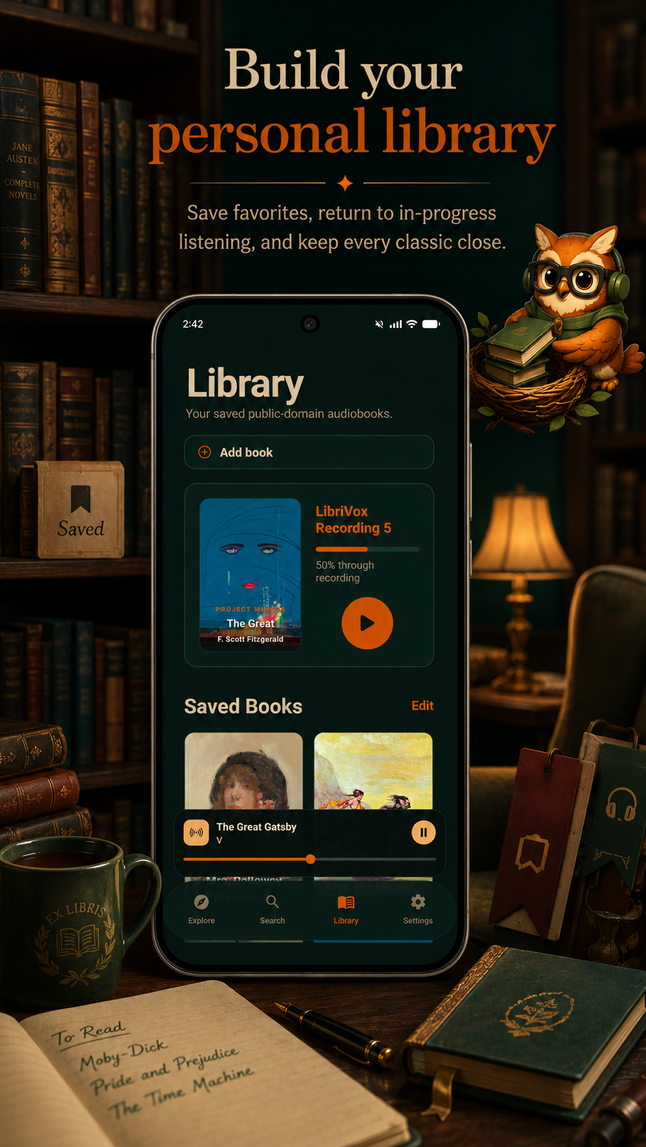 Mimesa library screen with saved books and playback progress.