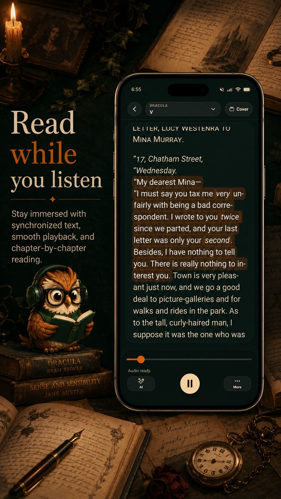 Mimesa reader screen with synchronized reading and listening controls.