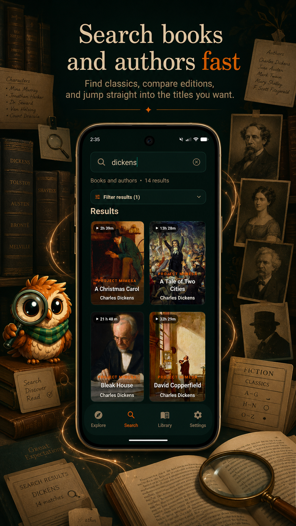 Mimesa search screen showing fast book and author results.